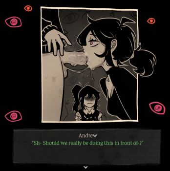 1boy 2girls absurdres andrew_graves_(the_coffin_of_andy_and_leyley) ashley_graves black_collar black_hair bottomless bound breasts brother_and_sister choker cleavage collar disappointed disgust english_text exhibitionism fellatio forced_to_watch hetero highres incest mature_female medium_breasts mother_and_daughter mother_and_son multiple_girls oral penis pink_eyes ponytail public_indecency renee_graves saliva saliva_trail siblings sorapoi the_coffin_of_andy_and_leyley tied_up_(nonsexual) uncensored watching