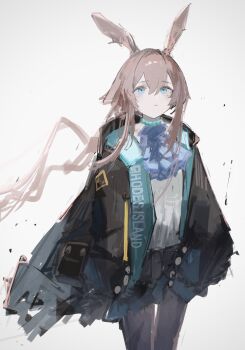 1girl absurdres amiya_(arknights) animal_ears arknights ascot black_jacket black_pantyhose black_skirt blue_ascot blue_eyes brown_hair closed_mouth commentary_request cowboy_shot hair_between_eyes highres jacket long_hair long_sleeves open_clothes open_jacket pantyhose ponytail rabbit_ears rabbit_girl shirt simple_background skirt solo standing white_background white_shirt yoioisss