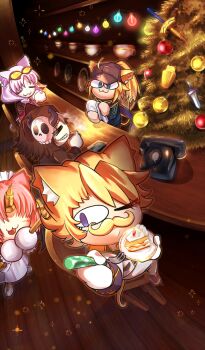 Rule 34 | 2boys, 3girls, :3, = =, animal ears, antique phone, bar (place), baseball cap, black hat, blonde facial hair, blonde hair, blue eyes, blue jacket, blue scarf, blush, brown hair, cake, cat ears, chair, chibi, chibi only, christmas, christmas tree, cigar, cleaning rag, closed eyes, closed mouth, commentary request, covered eyes, cup, dress, drinking glass, facial hair, fate/grand order, fate (series), fisheye, food, fork, hair ornament, hair over eyes, hair through headwear, hat, holding, holding cigar, holding cloth, holding cup, holding fork, holding plate, indoors, jacket, male focus, metarogu, multiple boys, multiple girls, mustache, mysterious neco g, mysterious neco v, mysterious neco w, mysterious neco x, mysterious neco y, neco spirit, official art, one eye closed, open mouth, pants, phone, pink hair, plate, ponytail, purple eyes, rotary phone, scarf, sharp teeth, short hair, sidelocks, sitting, skull hair ornament, smoke, smoke trail, sparkle, standing, teeth, third-party source, white dress, white jacket, white pants