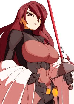 1girl 3amsoda artist_name belt belt_buckle black_belt black_bodysuit black_gloves bodysuit breasts buckle coat gloves hair_over_one_eye highres holding holding_sword holding_weapon kirijou_mitsuru large_breasts lips lipstick long_hair looking_at_viewer makeup official_alternate_costume one_eye_covered open_clothes open_coat persona persona_3 persona_4:_the_ultimate_in_mayonaka_arena rapier red_eyes red_hair red_lips signature simple_background sword weapon white_background white_coat