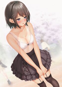 Rule 34 | 1girl, black garter straps, black hair, black skirt, black thighhighs, blush, bow, bow bra, bra, breasts, commentary request, day, dutch angle, exhibitionism, feet out of frame, fishnet thighhighs, fishnets, frilled skirt, frills, garter straps, grey eyes, hair ornament, highres, large breasts, large variant set, minato ojitan, miniskirt, no shirt, open mouth, original, outdoors, pleated skirt, public indecency, raised inner eyebrows, short hair, skirt, solo, standing, tan, tanline, thighhighs, underwear, variant set, white bra, x hair ornament, zettai ryouiki