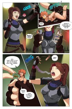 2girls absurdres armor ass bandana bdsm black_bra black_panties blush bodysuit bodysuit_under_clothes bondage boobplate bound bra breastplate breasts brown_eyes brown_hair chainmail cherry_stem_knot cmvoreroom commission earrings elbow_sleeve final_fantasy final_fantasy_vii final_fantasy_vii_remake fingerless_gloves gagged gloves headband highres humiliation jessica_dimensal jessie_rasberry jewelry long_hair mini_person minigirl multiple_girls orange_hair original panties ponytail red_headband saliva selfie shoulder_armor size_difference speech_bubble teeth throwing throwing_person tongue tongue_out underwear vore yellow_eyes