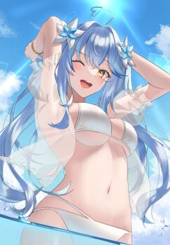 1girl absurdres ahoge armpits arms_up bikini blue_hair blue_sky blush breasts cloud commentary_request flower hair_between_eyes hair_flower hair_ornament highres hololive huge_ahoge large_breasts long_hair looking_at_viewer navel one_eye_closed open_mouth outdoors pendora1022 see-through_clothes see-through_shirt shirt sky smile solo stomach swimsuit teeth upper_teeth_only very_long_hair virtual_youtuber wet white_bikini white_flower yellow_eyes yukihana_lamy