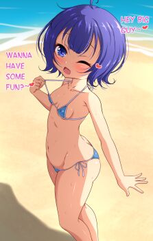 1girl ass beach bikini bikini_pull blue_bikini blue_eyes blue_hair blush breasts clothes_pull covered_erect_nipples day english_text ether_core fang gochuumon_wa_usagi_desu_ka? heart highres jouga_maya loli looking_at_viewer micro_bikini navel ocean one_eye_closed open_mouth outdoors pulling_own_clothes shiny_skin short_hair side-tie_bikini_bottom small_breasts smile solo standing strap_pull string_bikini swimsuit water
