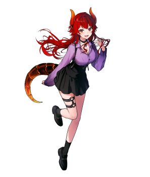 Rule 34 | 1girl, absurdres, black choker, black shoes, black skirt, black socks, blush, breasts, choker, cleavage, commentary request, dola (7th costume) (nijisanji), dola (nijisanji), dragon girl, dragon horns, dragon tail, full body, hand up, high-waist skirt, highres, horns, jacket, jewelry, knee up, large breasts, loafers, long hair, looking at viewer, nail polish, necklace, nijisanji, open mouth, purple eyes, purple jacket, purple nails, red eyes, red hair, shoes, simple background, skirt, socks, solo, suspender skirt, suspenders, tail, thigh strap, tone haruma, transparent background, virtual youtuber