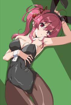 Rule 34 | 1girl, animal ears, arm on own head, arm under breasts, arm up, armpits, assault lily, bare arms, bare shoulders, black hairband, black leotard, blush, breasts, brown pantyhose, collarbone, commentary, covered navel, cowboy shot, fake animal ears, gluteal fold, green background, hair between eyes, hair ornament, hairband, hand up, leotard, long hair, looking at viewer, lying, medium breasts, mototenn, nagasaka maho, on back, pantyhose, parted lips, pink eyes, pink hair, playboy bunny, rabbit ears, red ribbon, ribbon, shade, side ponytail, sidelocks, solo, strapless, strapless leotard, sweatdrop, tassel, tassel hair ornament, wrist cuffs, yellow ribbon