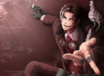 1boy blue_eyes chalk chalkboard equation excited formal_clothes glasses gloves highres jewelry looking_at_viewer machinery male_focus multicolored_hair necktie nikola_tesla_(shuumatsu_no_valkyrie) non-humanoid_robot pointing pointing_at_viewer ring robot robot_animal shuumatsu_no_valkyrie smile solo suit talking