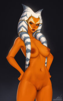1girl absurdres alien breasts colored_skin completely_nude cowboy_shot green_eyes hands_on_own_hips highres large_breasts lekku_(anatomy) navel nebula_(neebulaart) nipples nude orange_skin original pussy signature solo star_wars togruta watermark web_address