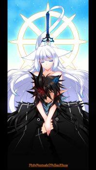 Rule 34 | 1boy, 1girl, animal ears, black hair, blue eyes, demon, demon boy, elf, fox ears, highres, horns, inari, konshin, long hair, mask, nude, orie jinku, orie mishiro, pixiv fantasia, pixiv fantasia fallen kings, pointy ears, red eyes, scar, single horn, slit pupils, sword, weapon, white hair, yellow eyes