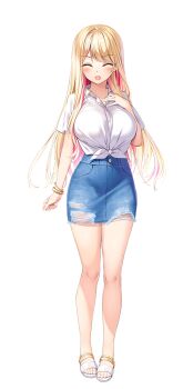 1girl amaemi-longing_for_you- arm_at_side blonde_hair blue_eyes blush bracelet breasts closed_eyes collared_shirt colored_inner_hair denim denim_shorts facing_viewer full_body gold_bracelet hand_up jewelry kusunoki_iroha large_breasts large_variant_set long_hair multicolored_hair official_art open_mouth oryo_(oryo04) pink_hair shirt shoes short_sleeves shorts simple_background smile solo standing tachi-e tied_shirt torn_clothes torn_shorts variant_set white_background white_shirt white_shoes wing_collar