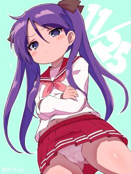 1girl absurdres black_ribbon blush commentary_request crossed_arms from_below gluteal_fold good_twins_day highres hiiragi_kagami long_hair looking_at_viewer lucky_star muu_rian navel panties pantyshot pink_shirt pleated_skirt purple_eyes purple_hair red_skirt ribbon school_uniform serafuku shirt skirt solo thighs twintails underwear upskirt white_panties