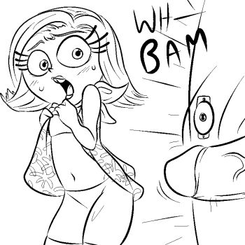 1boy 1girl aliasing blush cowboy_shot disgust_(inside_out) disney door inside_out lips monochrome navel penis pixar surprised sweat tagme uncensored veins veiny_penis