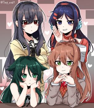 Rule 34 | 4girls, black hair, blue eyes, blue hair, blush, brown hair, commentary, crossed arms, crossover, doki doki literature club, doki doki literature club school uniform, english commentary, frown, green eyes, green hair, grin, hair intakes, highres, kimi to kanojo to kanojo no koi., long hair, looking at viewer, low twintails, miside, mita (miside), monika (doki doki literature club), multiple girls, ponytail, red eyes, sailor collar, saya (saya no uta), saya no uta, school uniform, serafuku, smile, sone miyuki, ting mong, trait connection, twintails
