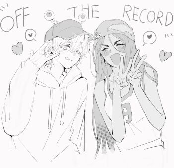 Rule 34 | 1boy, 1girl, ;p, \m/, absurdres, alien stage, baseball cap, closed eyes, commentary, double v, english commentary, eyeball hair ornament, greyscale, hat, headwear switch, heart, highres, hood, hoodie, hyuna (alien stage), jersey, long hair, luka (alien stage), monochrome, one eye closed, short hair, spoken heart, tank top, tongue, tongue out, v, very long hair, x x (batttsu 404)