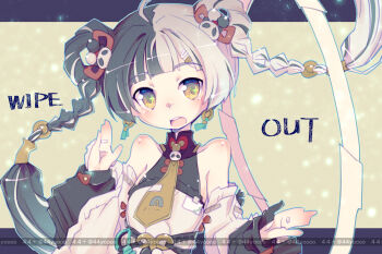 1girl animal_print bare_shoulders bear_print black_hair braid braided_twintails china_dress chinese_clothes commentary_request detached_sleeves dialyn_(zenless_zone_zero) dress earrings hair_extensions hair_ornament jewelry long_hair multicolored_hair necktie open_mouth panda_hair_ornament panda_print ring_hair_extensions solo split-color_hair white_hair yellow_eyes yellow_necktie yoshi_(crossmind) zenless_zone_zero