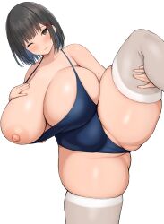 Rule 34 | 1girl, black hair, blunt bangs, breasts, brown eyes, hair ornament, hand on own chest, huge breasts, leg up, neneneji, nipples, one-piece swimsuit, one breast out, one leg raised, original, plump, short hair, skindentation, solo, swimsuit, thick thighs, thighhighs, thighs, white background, white thighhighs