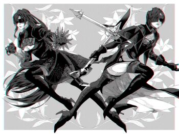 10h_(nier_reincarnation) 2b_(nier:automata) 2b_(nier:automata)_(cosplay) 2girls black_boots black_capelet black_dress black_gloves black_visor blindfold bombyxmori_ckr boots border breasts capelet claw_(weapon) cleavage cleavage_cutout closed_mouth clothing_cutout cosplay dress feather_trim final_fantasy final_fantasy_vii final_fantasy_vii:_ever_crisis flower full_body gloves grey_background greyscale highres holding holding_shuriken holding_weapon juliet_sleeves large_breasts long_dress long_hair long_sleeves medium_breasts monochrome multiple_girls official_alternate_costume panties parted_lips pelvic_curtain puffy_sleeves short_dress short_hair shuriken thigh_boots tifa_lockhart underwear weapon white_border white_flower white_panties yuffie_kisaragi