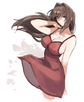 Rule 34 | 1girl, aozaki aoko, arm up, bare shoulders, blue eyes, breasts, brown hair, cleavage, commentary, dress, english commentary, floating clothes, floating hair, highres, jonyeld, large breasts, long hair, looking to the side, mahou tsukai no yoru, red dress, sideboob, simple background, sleeveless, sleeveless dress, solo, white background