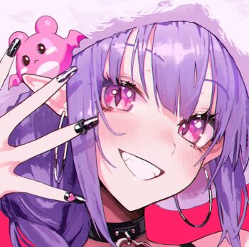 Rule 34 | 1girl, black bow, black choker, black nails, blunt bangs, blush, bow, choker, commentary, demon girl, earrings, fingernails, gim aenggo, grin, hat, hat ornament, heart, highres, hoop earrings, indie virtual youtuber, jewelry, long fingernails, looking at viewer, migu (iws2525), pointy ears, portrait, purple hair, slit pupils, smile, solo, symbol-only commentary, virtual youtuber