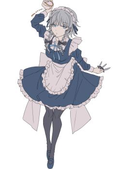 1girl amatukimahoro apron back_bow between_fingers black_bow black_pantyhose blue_dress blue_eyes blue_shoes bow braid breasts collared_shirt commentary_request dress frilled_dress frills full_body grey_hair highres holding holding_knife holding_pocket_watch izayoi_sakuya juliet_sleeves knife knives_between_fingers long_sleeves looking_at_viewer maid maid_headdress mary_janes medium_breasts pantyhose pocket_watch puffy_sleeves shirt shoes simple_background solo touhou twin_braids waist_apron watch white_apron white_background white_bow white_shirt