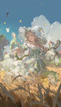 1girl absurdres bare_shoulders blue_sky broom bug butterfly cloud day dress earrings ericx_gasi flower frills green_eyes hat highres holding house infinity_nikki insect jewelry lace_trim long_hair momo_(nikki) necklace nikki_(series) off-shoulder_dress off_shoulder open_mouth outdoors rainfall_&amp;_blossoms_(infinity_nikki) rose sky smile solo staff white_butterfly white_dress white_flower white_rose witch witch_hat
