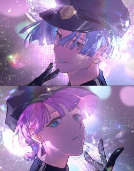 2boys absurdres backlighting black_gloves black_hat blue_eyes blue_hair blunt_bangs blurry bokeh brothers close-up commentary depth_of_field disco_ball earrings gloves grin hair_over_one_eye hat highres jewelry kelezi looking_at_viewer male_focus multiple_boys newsboy_cap panty_&amp;_stocking_with_garterbelt parted_lips peaked_cap pink_hair polyester_(psg) polyurethane_(psg) portrait red_eyes short_hair siblings smile split_screen