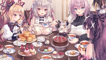 5girls blonde_hair blue_eyes blush breasts brown_hair cake chloe_(rubi-sama) cup cupcake dress eating elena_(rubi-sama) food game_cg grey_hair hair_ribbon hairband holding holding_cup large_breasts lolita_fashion lolita_hairband macaron maid multiple_girls open_mouth pastry pink_eyes pink_hair red_eyes ribbon rubi-sama saki_(rubi-sama) seira_(rubi-sama) smile tea tea_party teacup teapot yume_utsutsu_quintet