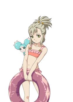 Rule 34 | 1girl, artist request, bikini, blonde hair, collarbone, cowboy shot, creature, elize lutus, elize lutus (swimsuit), flower, game cg, green eyes, hair flower, hair ornament, holding, holding swim ring, innertube, looking at viewer, medium hair, mieu (tales), navel, official alternate costume, official art, orange flower, pink bikini, ponytail, solo, standing, swim ring, swimsuit, tales of (series), tales of asteria, tales of the abyss, tales of xillia, third-party source, transparent background, yellow flower