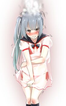 Rule 34 | 1girl, alternate costume, bikini, bikini under clothes, black sailor collar, black socks, blush, breasts, brown eyes, commentary request, dress, hair between eyes, hair ribbon, highres, hutsudansa, kantai collection, kasumi (kancolle), kneehighs, long hair, nose blush, red bikini, ribbon, sailor collar, sailor dress, see-through clothes, see-through dress, side-tie bikini bottom, side ponytail, sidelocks, small breasts, socks, solo, steaming body, swimsuit, wavy mouth, white ribbon