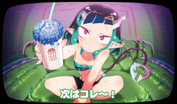 1girl nanashi_inc. belt belt_bra black_hair black_shorts blue_belt blue_hair chaki_(teasets) chest_belt closed_mouth commentary_request couch cup demon_girl demon_horns demon_tail drinking_straw fang flat_chest full_body highres holding holding_cup horns indian_style looking_at_viewer medium_hair multicolored_hair pointy_ears red_eyes shishio_chris shorts sitting solo static sugar_lyric tail television two-tone_hair virtual_youtuber
