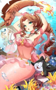 1girl aerith_gainsborough bra breasts brown_hair cleavage costa_del_sol drill_hair final_fantasy final_fantasy_vii green_eyes hair_ribbon highres long_hair medium_breasts mermaid mirror monster_girl navel pink_bra pink_ribbon red_xiii ribbon roisin solo_focus underwater underwear