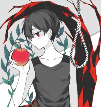 Rule 34 | 1boy, alternate eye color, antenna hair, apple, black hair, black tank top, closed mouth, collarbone, colored skin, commentary, english commentary, expressionless, food, fruit, highres, holding, holding food, holding fruit, looking at viewer, male focus, noose, omori, omori (omori), red eyes, short hair, solo, takenaka (takenaka1111), tank top, upper body, white skin