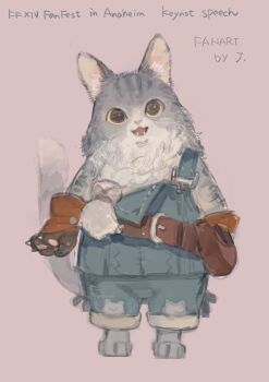 animal_ears animal_hands artist_name barefoot belt blue_overalls braid brown_belt cat cat_ears cat_paws cat_tail commentary copyright_name final_fantasy final_fantasy_xiv full_body furry grey_fur highres j2_path looking_at_viewer lower_teeth_only open_mouth overalls pink_background single_suspender_hanging smile standing tail teeth two-tone_fur untranslatable_commentary white_fur