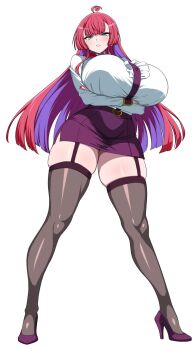 1girl ahoge black_thighhighs breasts colored_inner_hair commentary_request crossed_arms garter_straps green_eyes high_heels highres huge_breasts jabara_tornado long_hair looking_at_viewer mahjong_fight_girl mitsumoto_dia mole mole_under_eye multicolored_hair pencil_skirt pink_hair purple_hair skirt solo thighhighs two-tone_hair