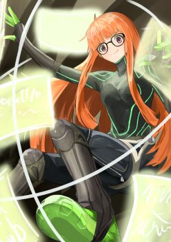 1girl :q absurdres ahoge arms_up asagao_21 black_bodysuit blunt_bangs bodysuit breasts closed_mouth glasses highres holographic_interface knee_pads long_hair looking_at_viewer orange_hair persona persona_5 pressing_button purple_eyes round_eyewear sakura_futaba sitting small_breasts solo tongue tongue_out very_long_hair