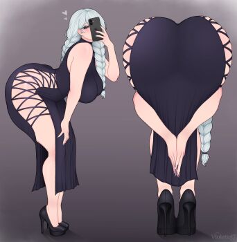 1girl absurdres amen_pose_(meme) artist_name ass ass_focus black_dress black_shoes braid braided_ponytail brown_background cellphone clothing_cutout commentary dress english_commentary frontbend gradient_background grey_hair heart high_heels highres hip_vent holding holding_phone jujutsu_kaisen looking_at_viewer mei_mei_(jujutsu_kaisen) meme multiple_views phone shoes smartphone vo1ette