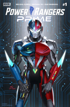 1boy arm_blade armor blue_armor blue_bodysuit bodysuit boom!_studios choujinki_metalder copyright_logo copyright_request highres in-hyuk_lee logo metal_hero metalder mighty_morphin_power_rangers multicolored_armor multicolored_bodysuit official_art power_rangers power_rangers_(boom!_studios) red_armor red_bodysuit tokusatsu vr_troopers weapon