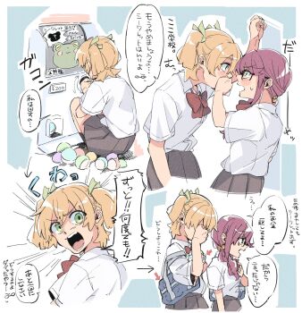 2girls bag bbr_brbr blonde_hair bow bowtie collared_shirt covering_another&#039;s_mouth daiba_nana gashapon green_eyes grey_skirt highres hoshimi_junna kabedon long_hair multiple_girls open_mouth pleated_skirt purple_hair red_bow red_bowtie school_bag seishou_music_academy_uniform shirt short_sleeves shoujo_kageki_revue_starlight skirt speech_bubble squatting translated two_side_up white_shirt yuri