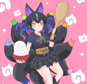 Rule 34 | 1girl, animal ears, belt, black fur, black gloves, black hair, black shirt, black skirt, blue hair, blush, bow, bowl, bowtie, brown belt, collared shirt, commentary request, cowboy shot, extra ears, fingerless gloves, fox ears, fox girl, fox tail, frown, fur trim, gloves, hair between eyes, japari symbol, kemono friends, kemono friends 3, kyubikori (kemono friends), multicolored hair, multiple tails, pleated skirt, purple background, purple hair, rice bowl, shirt, short hair, short sleeves, sidelocks, skirt, slit pupils, solo, t-shirt, tail, tomoegatadouki, yellow bow, yellow bowtie, yellow eyes