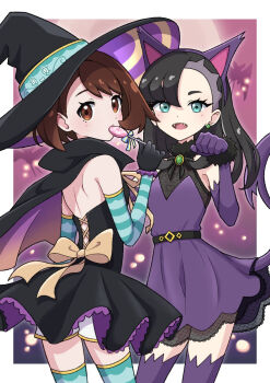 2girls animal_ears bat_(animal) black_dress black_hair blue_eyes brown_eyes brown_hair candy cat_ears cat_girl cat_tail dress elbow_gloves fake_animal_ears fang fangs feet_out_of_frame food full_moon gloria_(pokemon) gloves halloween halloween_costume hat highres long_hair looking_at_viewer looking_back marnie_(pokemon) moon multiple_girls nintendo pokemon pokemon_swsh purple_dress purple_gloves purple_thighhighs short_hair standing tail thighhighs witch_hat yuu_(jgvj7873)