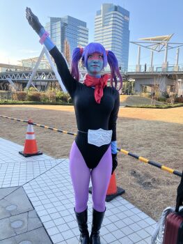 1girl arm_up belt black_leotard breasts city cosplay gradient_hair green_eyes highleg highleg_leotard highres japanese_(nationality) kamen_rider leotard lips long_hair looking_at_viewer multicolored_hair outdoors pantyhose photo_(medium) purple_hair selfie shiny_clothes shocker_(kamen_rider) smile solo ssssensu standing toujima_tanzaburou_wa_kamen_rider_ni_naritai twintails yukarisu yukarisu_(cosplay)