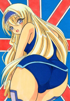 1990s_(style) 1girl ass backboob bent_over blonde_hair blue_eyes blush breasts cameltoe cecilia_alcott drill_hair flag hairband highres huge_ass infinite_stratos large_breasts legs leotard long_hair looking_at_viewer looking_back open_mouth retro_artstyle smile solo thick_thighs thighs tongue traditional_media union_jack