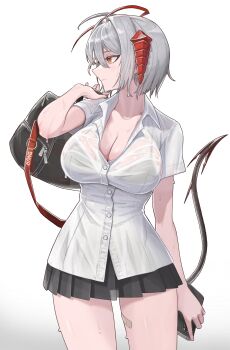 1girl absurdres ahoge alternate_costume antenna_hair arknights bag black_skirt breasts cleavage commentary cowboy_shot gradient_background grey_background grey_hair highres holding holding_bag horns large_breasts looking_to_the_side mildt miniskirt orange_eyes shirt short_hair short_sleeves skirt solo standing tail thighs w_(arknights) white_background white_shirt
