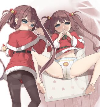 1girl ameharu aqua_eyes asagumo_(kancolle) barefoot bell belt belt_buckle black_belt black_pantyhose blush bow bowtie brown_hair buckle cake capelet closed_mouth commentary_request diaper dress eating food fur-trimmed_capelet fur-trimmed_dress fur_trim green_bow green_bowtie grey_outline hair_bell hair_bow hair_ornament hand_up hands_up highres holding holding_plate holding_spoon kantai_collection loli long_hair long_sleeves looking_at_viewer looking_back lying multiple_views on_back on_floor outline pantyhose parted_lips pee_stain peed_self plate print_diaper red_bow red_capelet red_dress santa_costume shadow short_dress spoon spread_legs standing thighband_pantyhose twintails variant_set wet_diaper