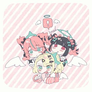 ! 3girls angel_wings artist_name bandaid bandaid_hair_ornament behind_another black_bow black_hair blonde_hair blunt_bangs blush bow bright_pupils cellphone chibi chibi_only chinatsu_remiel closed_mouth colored_inner_hair commentary diagonal-striped_background earrings fang flying_nimbus frilled_sleeves frills green_bow green_eyes green_streaks hair_between_eyes hair_bow hair_ornament hair_ribbon hairclip hairpin hanada_(cobalt003) heart highres holding holding_phone jewelry long_hair looking_at_phone multicolored_hair multiple_girls multiple_hair_clips musical_note_earrings open_mouth phone pink_arm_warmers pink_background pink_bag pink_hair pink_ribbon pointing ponytail red_eyes ribbon ring_hair_ornament rokudu_sariel shirt short_hair short_twintails smile spoken_exclamation_mark striped_arm_warmers striped_background too_many_bows twintails two-tone_background upper_body white_background white_pupils white_shirt white_wings winged_bag wings yutane_johiel zenless_zone_zero