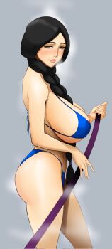1girl ass bare_shoulders bikini black_hair bleach braid braided_ponytail breasts closed_mouth female_focus highres jnsdh large_breasts light_blush long_hair mature_female sagging_breasts simple_background solo solo_focus standing steam swimsuit thighs unohana_retsu
