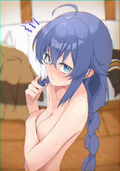 1girl absurdres ahoge blue_eyes blue_hair blush braid breasts closed_mouth collarbone commentary_request covering_breasts covering_privates embarrassed fate_(series) hand_up highres indoors ivu_(eve0315y) long_braid long_hair looking_at_viewer mushoku_tensei nude playing_with_own_hair roxy_migurdia small_breasts solo twirling_hair unworn_clothes upper_body very_long_hair wavy_mouth