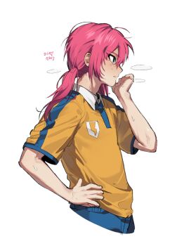 1boy androgynous arm_up blue_eyes blue_pants blush breath collared_shirt commentary_request cropped_legs gqwittull hair_behind_ear hand_on_own_hip highres inazuma_eleven_(series) inazuma_eleven_go kirino_ranmaru lightning_bolt_symbol long_hair male_focus pants parted_bangs parted_lips pink_hair profile shirt short_sleeves soccer_uniform solo sportswear teeth twintails wing_collar
