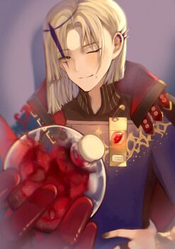 1boy ;) black_nails bottle commentary english_commentary fingernails gloves holding holding_bottle holostars magni_dezmond male_focus mikaitsu mixed-language_commentary nail_polish one_eye_closed parted_lips patterned_hair purple_hair purple_tunic red_gloves short_hair smile tunic vambraces white_hair yellow_eyes