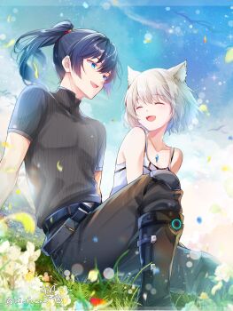 1boy 1girl animal_ears bare_shoulders black_hair black_pants black_sweater blue_eyes camisole cat_ears cat_girl chest_jewel closed_eyes collarbone grey_hair high_ponytail highres long_hair mio_(xenoblade) noah_(xenoblade) on_grass pants ponytail short_hair sitting sweater ui_frara white_camisole xenoblade_chronicles_(series) xenoblade_chronicles_3